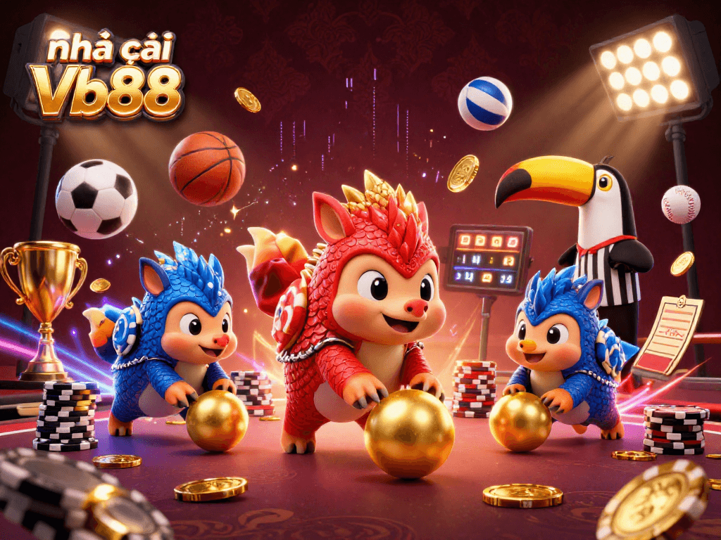 Engage with the dynamic scenes of nhà cái Vb88 featuring vibrant pangolins bowling through casino chips and sports elements.