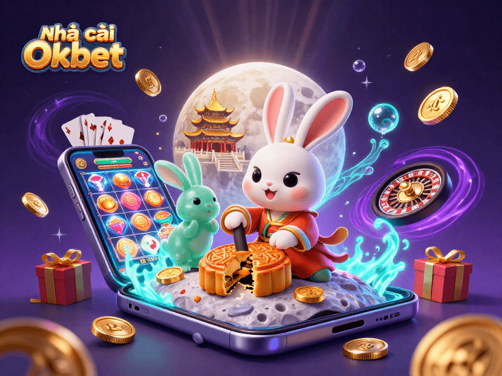 Engaging illustration of Nhà cái Oxbet featuring a moon rabbit, slot games, and vibrant casino elements.