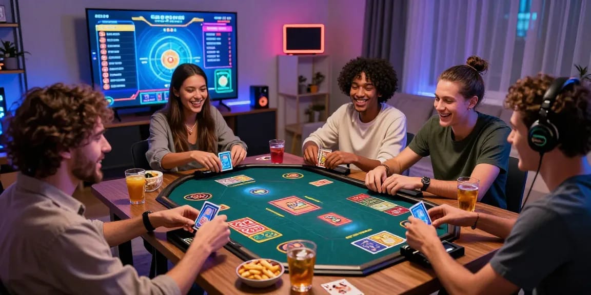 Friends gaming on the rikvip platform, engaging in a lively card game with vibrant digital elements.