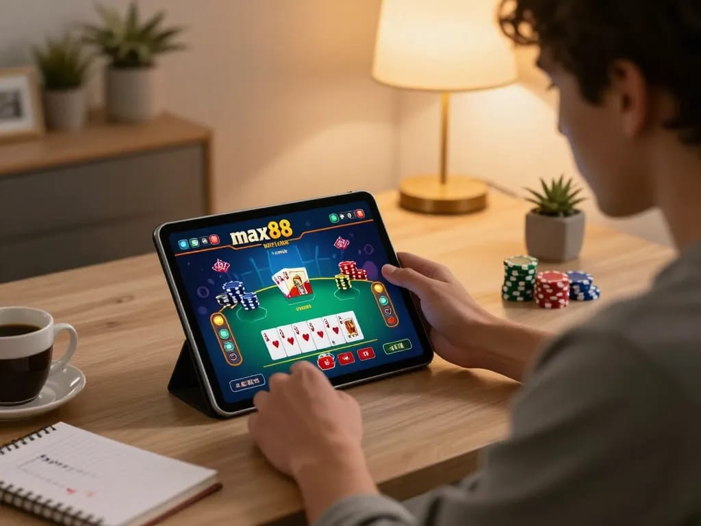 Playing poker on max88 app at home, showcasing a cozy and strategic gaming environment.