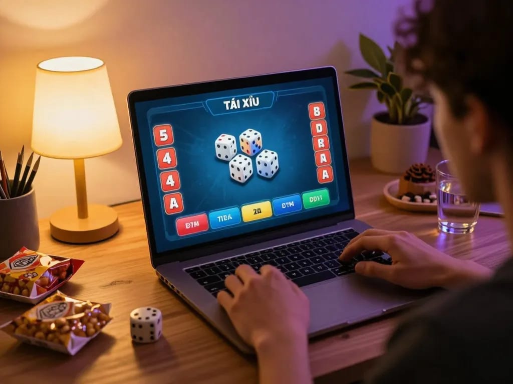 Tài xỉu 10 online gaming experience showing player betting at home, engrossed in dice gameplay.