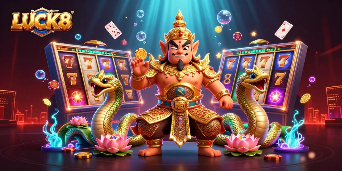 Experience thrilling gameplay with LUCK8's vibrant 3D casino scene filled with spinning slot machines and joyful characters.