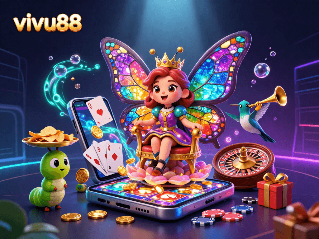 Experience thrilling gameplay at vivu88 with a vibrant butterfly queen, vibrant games, and enticing casino elements.
