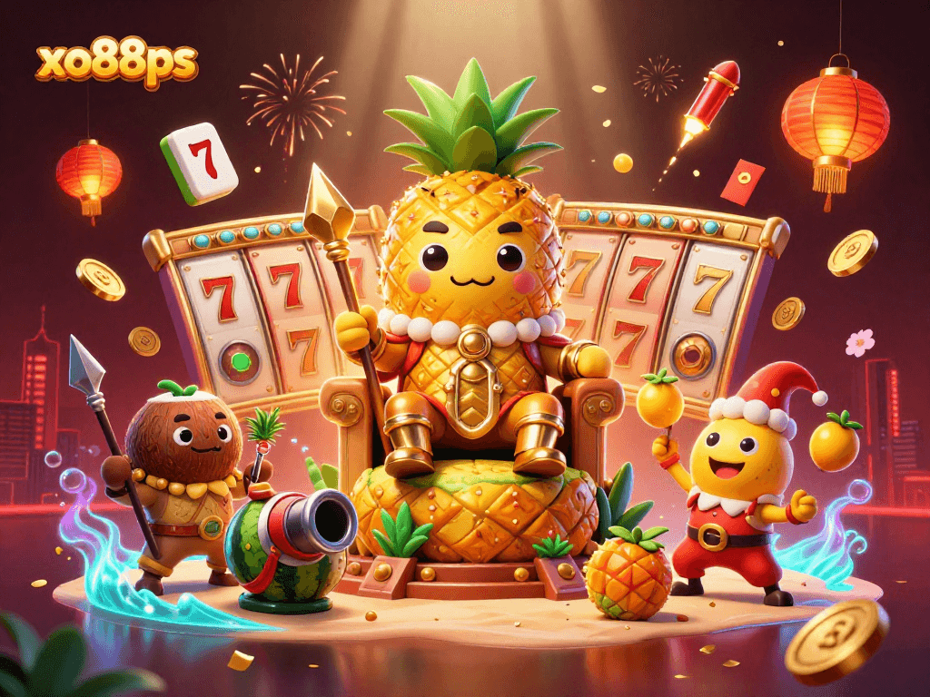 Experience thrilling games at xo88ps, where a 3D cartoon pineapple king presides over a vibrant casino scene.