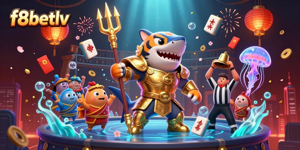 Experience exhilarating gaming adventures with f8betlv, featuring a fierce shark gladiator and a vibrant underwater casino scene.