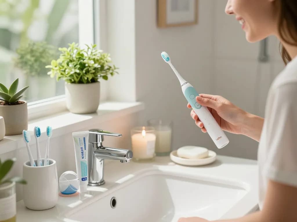 Person enjoying effective brushing with Laifen electric toothbrush in stylish bathroom, emphasizing oral care innovation.