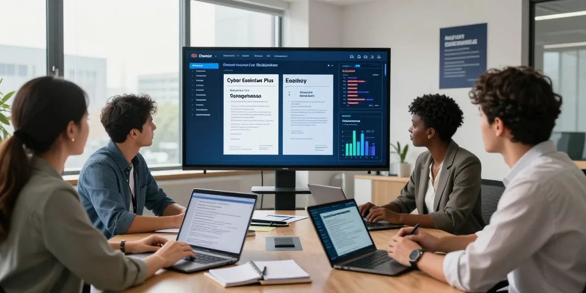 Cyber Essentials Plus cost overview in a modern office, team discussing certification metrics and compliance.