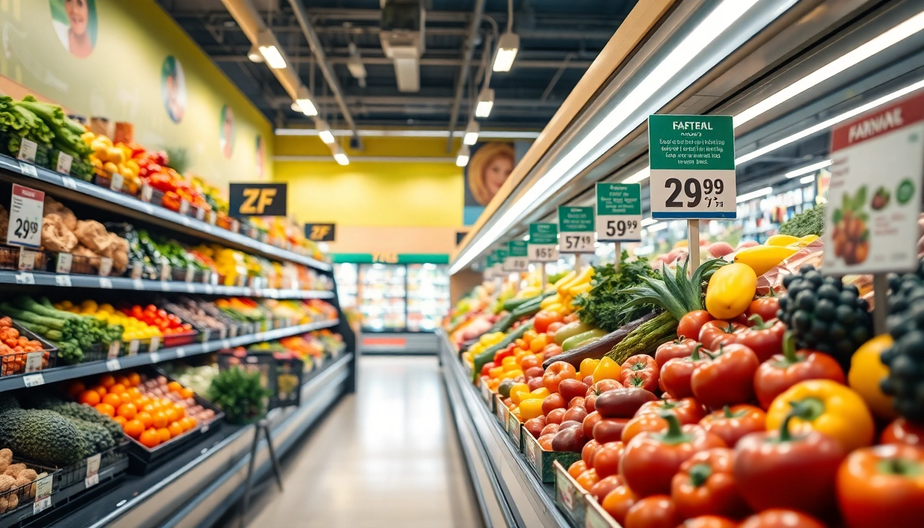 Engaging grocery sales display with fresh produce highlighting discounts.