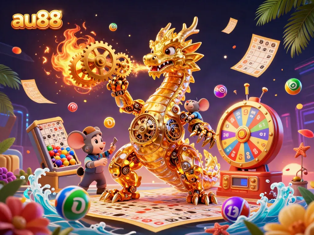 Engage with AU88's dynamic gaming scene featuring vibrant lottery balls and a golden dragon.