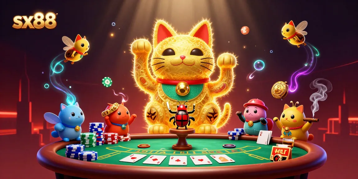 Experience the excitement of sx88 casino with a vibrant lucky cat and poker elements in a dynamic 3D scene.