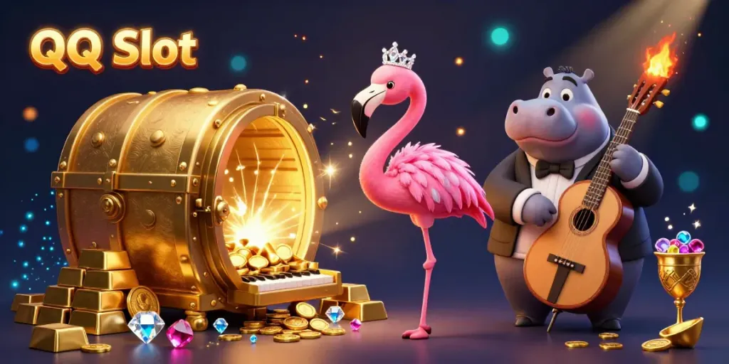 Experience the excitement of QQ Slot with a vibrant casino scene featuring flamingo and hippo musicians.
