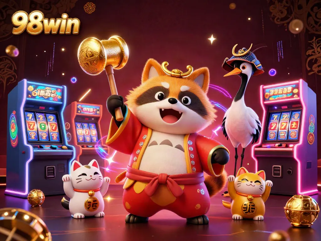 Experience excitement with 98win as cheerful tanuki and friends spin the reels in a vibrant casino.