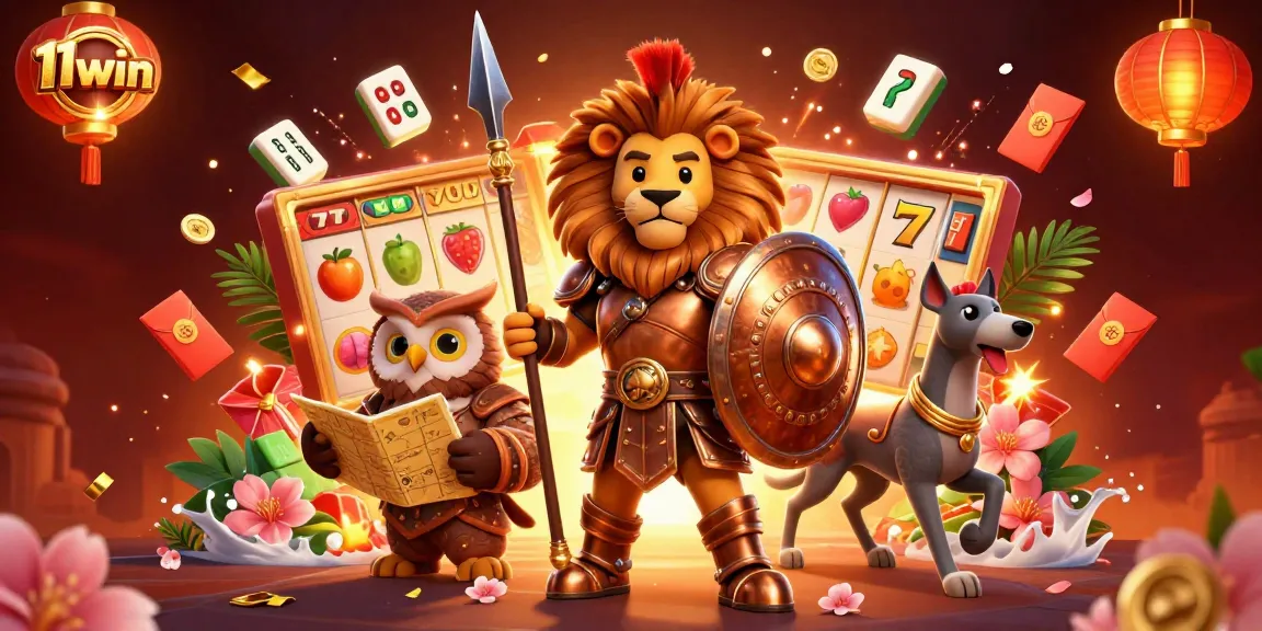 Engage in winning strategies at 11win with vibrant casino symbols and characters in a dynamic scene.