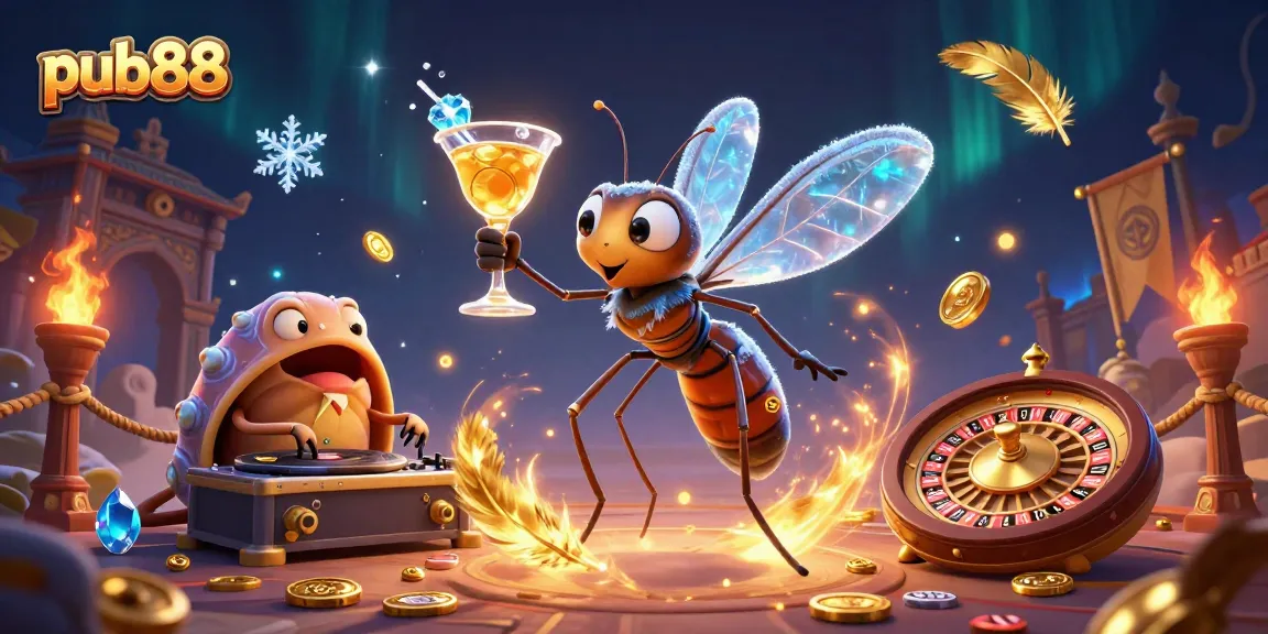 Engage with pub88 gaming excitement as a frozen mosquito mascot comes to life amidst a casino scene.