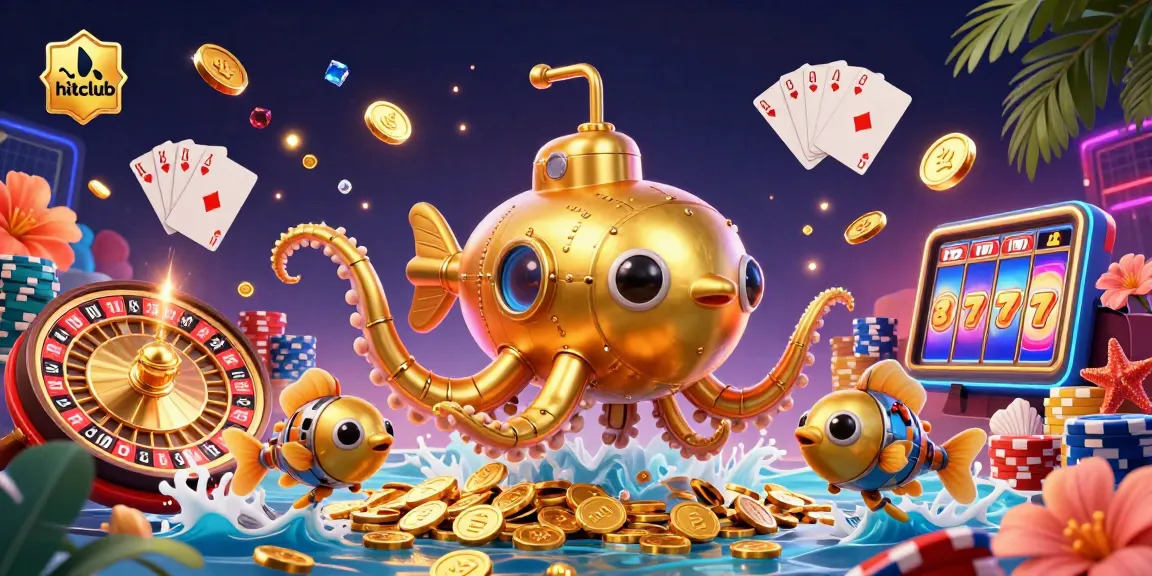 Experience the excitement of hitclub with a vibrant scene featuring a golden kraken submarine and dynamic casino elements.