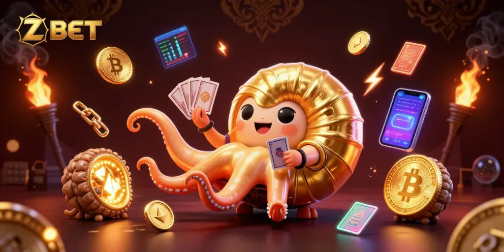 ZBET's dynamic gaming scene featuring a nautilus roulette wheel and glowing crypto elements