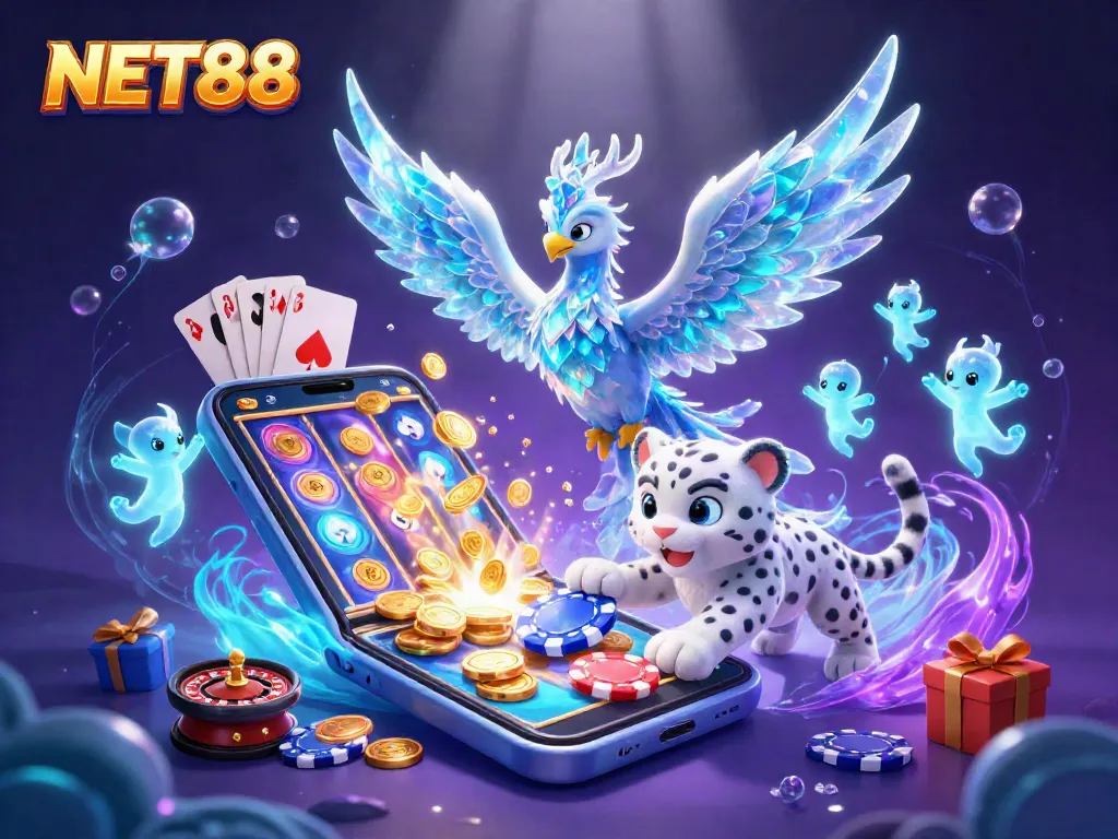 Engage with NET88's immersive gaming experience featuring slot games, a phoenix, and a snow leopard.