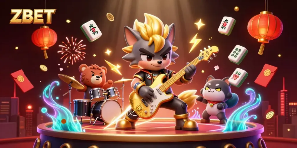 ZBET showcases a vibrant casino scene featuring a cartoon rock star wolf and a bear drummer, enhancing player excitement.