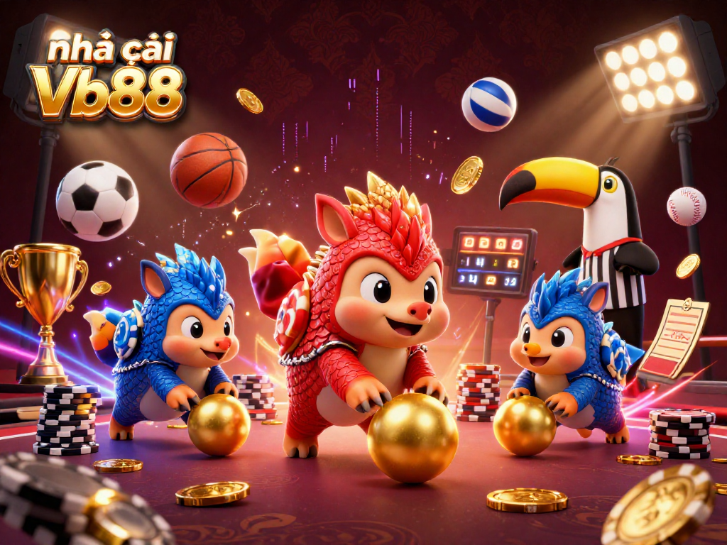 Engage with the dynamic scenes of nhà cái Vb88 featuring vibrant pangolins bowling through casino chips and sports elements.
