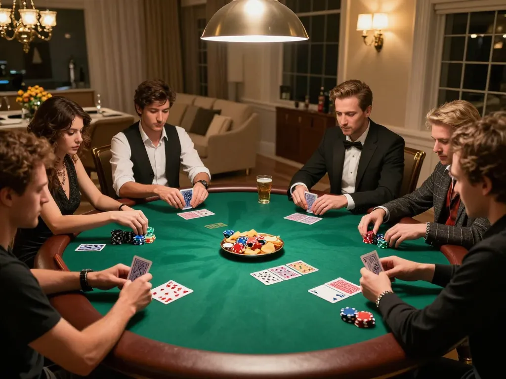 Players engaged in a high-stakes poker game at co88 home gathering, showcasing excitement and strategy.