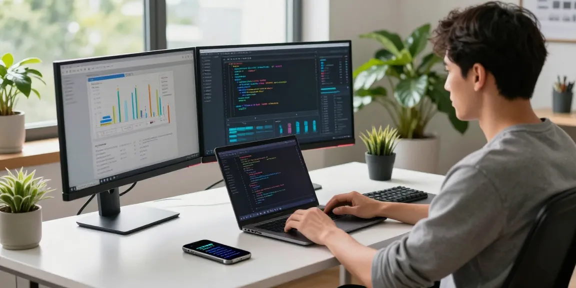 Developer optimizing network connections with 快连 in a modern tech workspace.