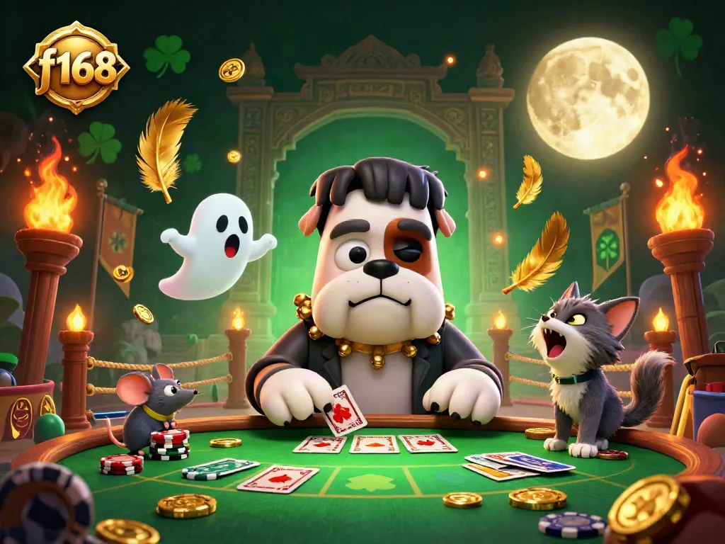 Experience thrilling gameplay at f168 with a vibrant 3D illustration of a Frankenstein bulldog dealer and unique characters.