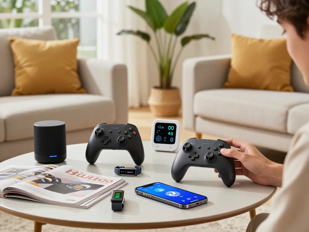 Exploring trending tech gadgets like the 8BitDo Ultimate 2 controller and Fitbit Charge 6 in a modern living room.