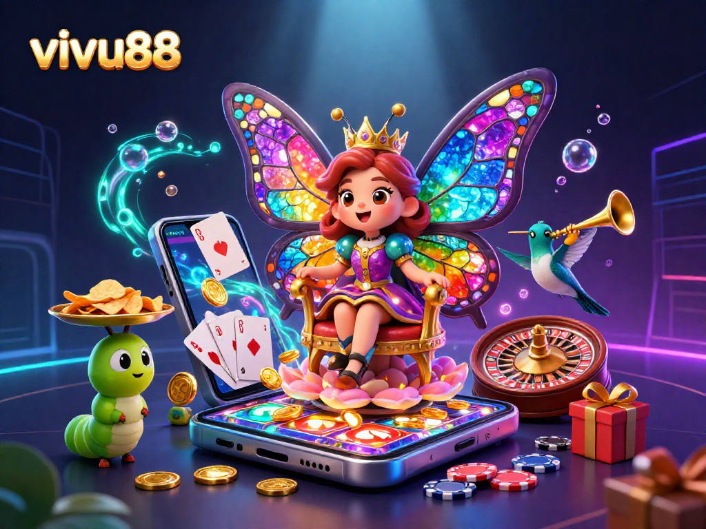 Experience thrilling gameplay at vivu88 with a vibrant butterfly queen, vibrant games, and enticing casino elements.