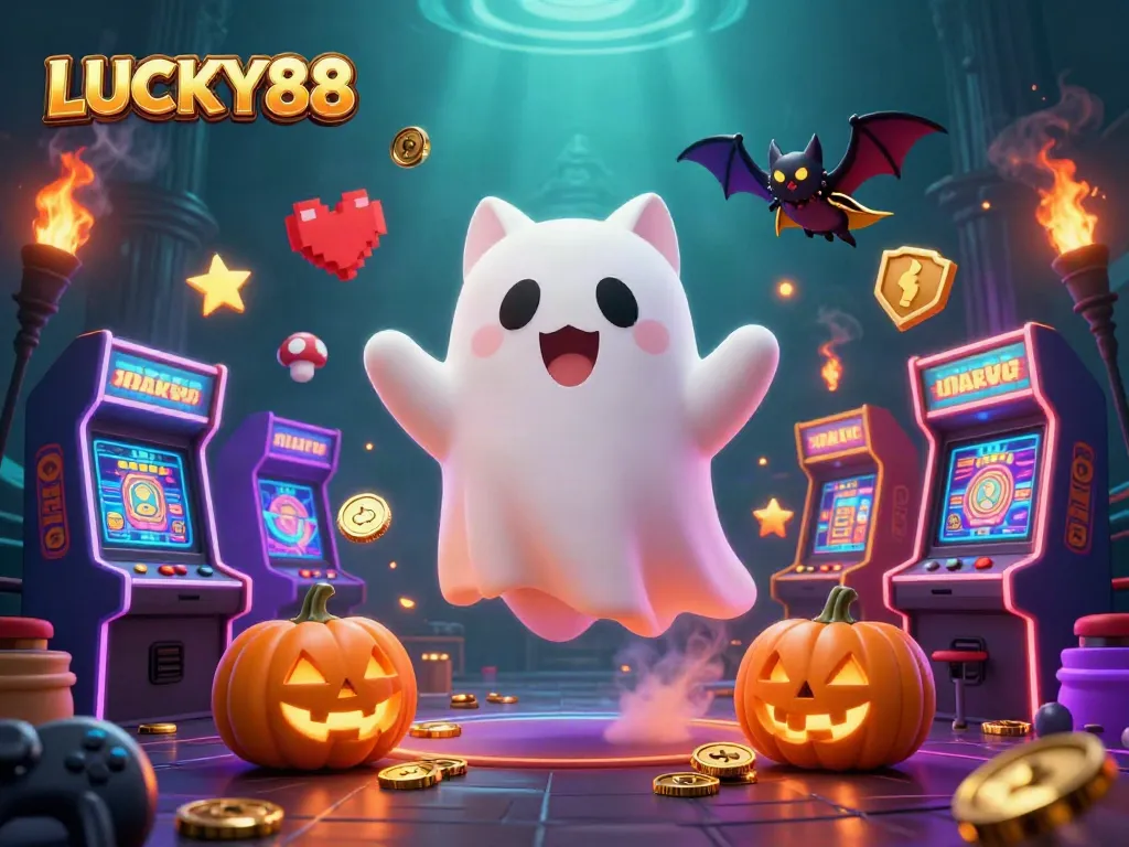 Experience thrilling gameplay with LUCKY88 as a ghost cat and bat explore a haunted casino.