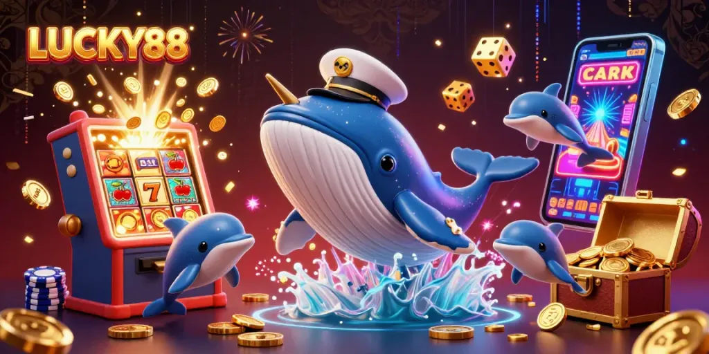 Experience the excitement of LUCKY88 with a 3D whale, narwhal, and dolphins in a vibrant casino scene.