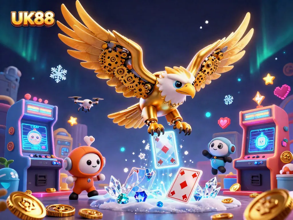 Experience thrilling UK88 gaming action with a cybernetic eagle soaring through holographic cards.