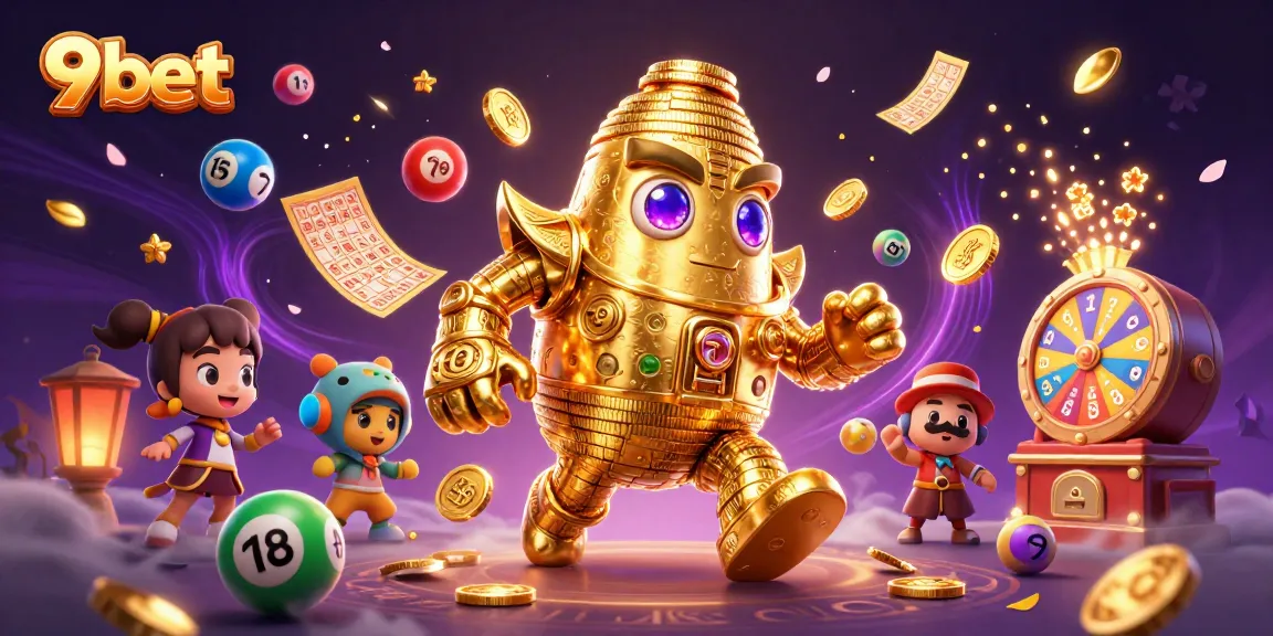 Spin to win with 9bet's vibrant scene full of lottery balls and casino characters.