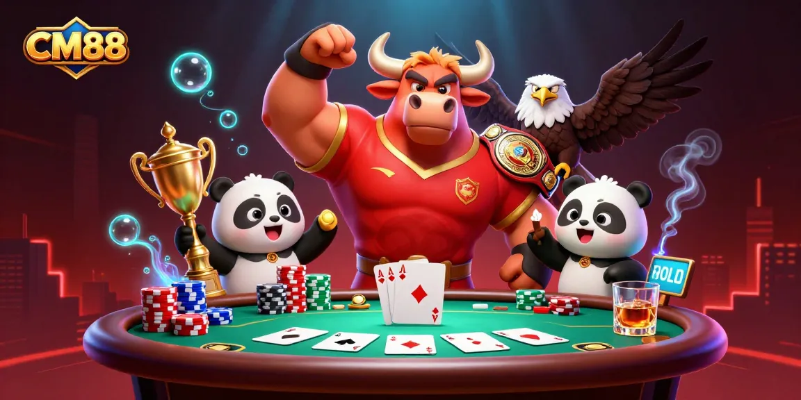Win big with CM88 as a bull mascot, eagle, and panda celebrate successful poker play