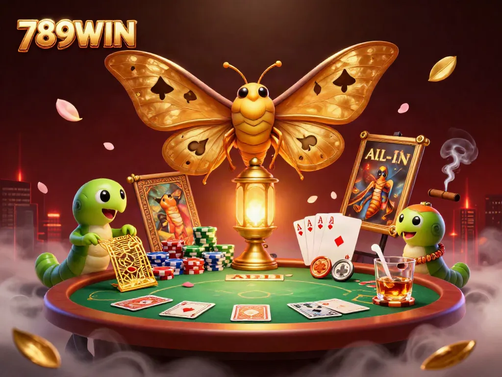 789WIN showcases an artistic tableau of a golden-winged atlas moth amidst poker elements, capturing vibrant casino energy.