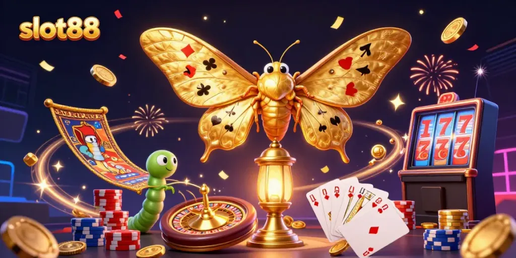 Experience the vibrant energy of slot88 with dazzling visuals of casino-themed elements and golden treasures.