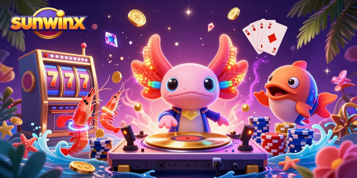 Experience vibrant gaming action with sunwinx, featuring a neon axolotl DJ and lively sea critters!