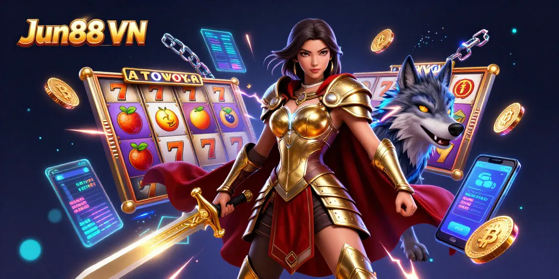 Engage in exciting wins at Jun88 VN with vibrant slots and crypto elements in a stunning 3D scene.