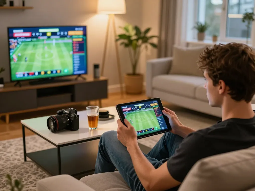 Engaged in sports betting on Trang Chủ SC88, a user checks odds on a tablet in a cozy living room setting.