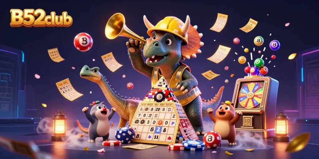 Engage with B52club's vibrant and dynamic illustration showcasing energetic gaming characters and casino elements.