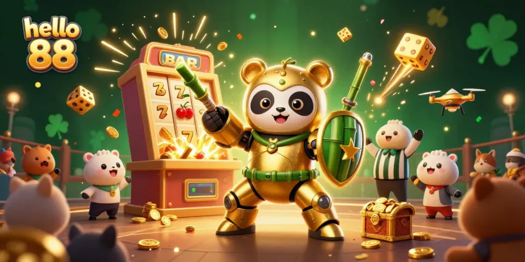 Engage in exciting slot action at hello 88 with a vibrant scene featuring a panda piloting a mech robot, surrounded by jackpots and prizes.