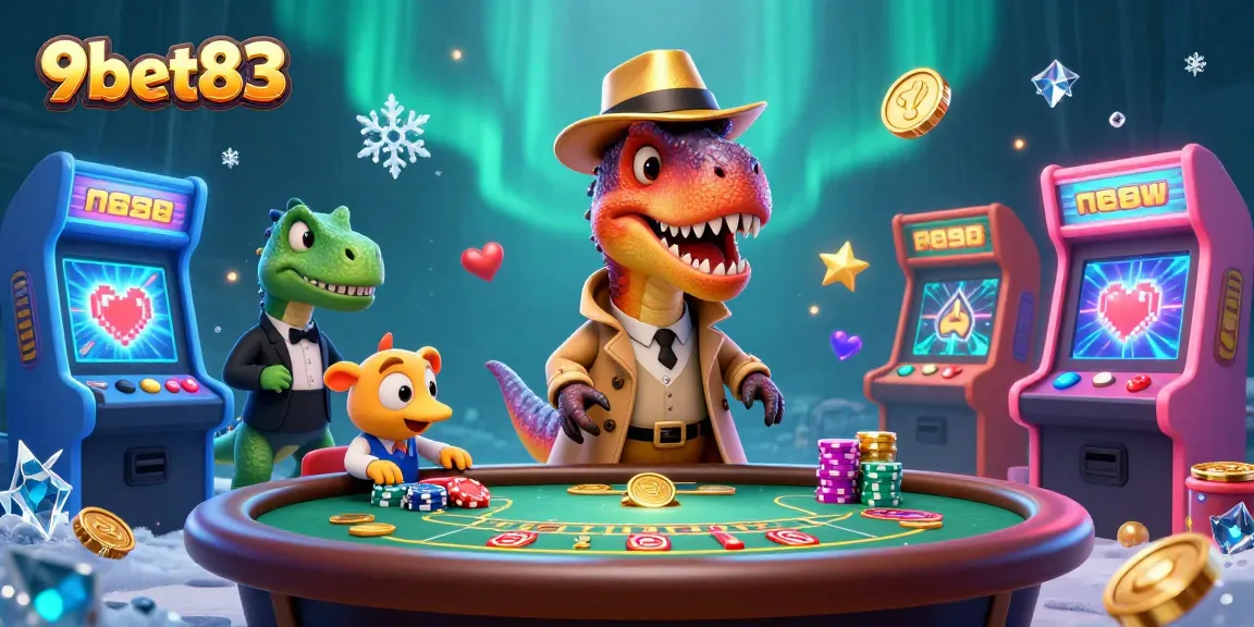 Experience thrilling gaming action with 9bet83 as a velociraptor card counter sneaks chips in a vibrant casino scene.