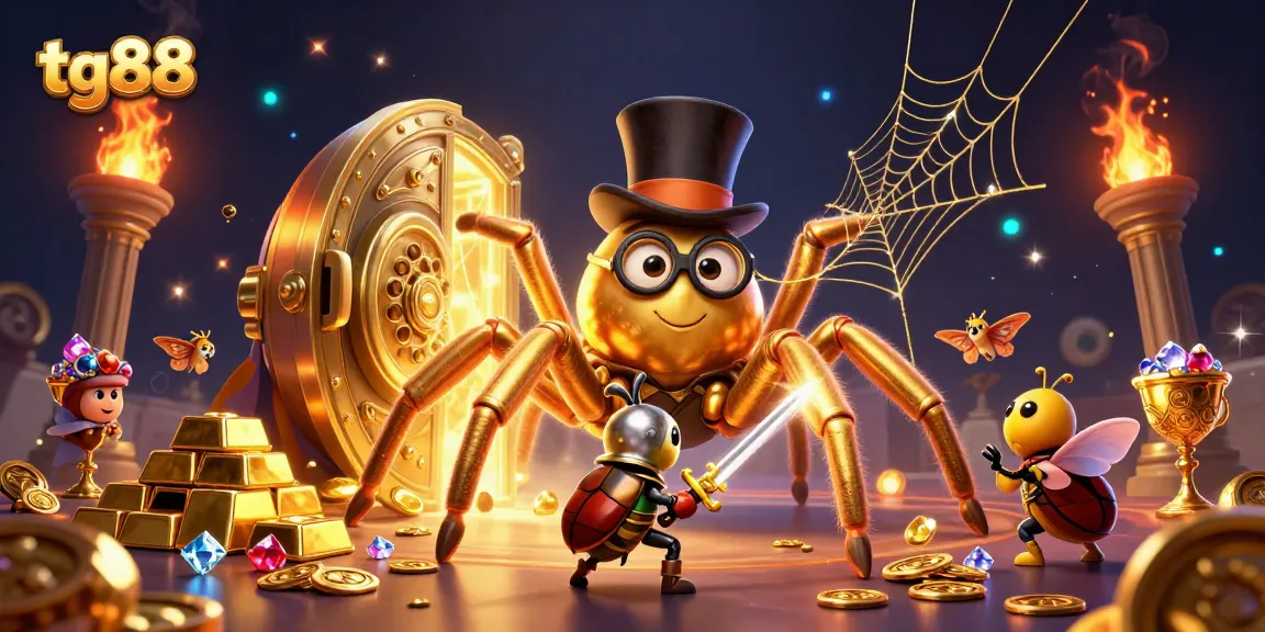 Immerse in tg88's casino thrill with a dazzling golden scene of a tarantula and knight.