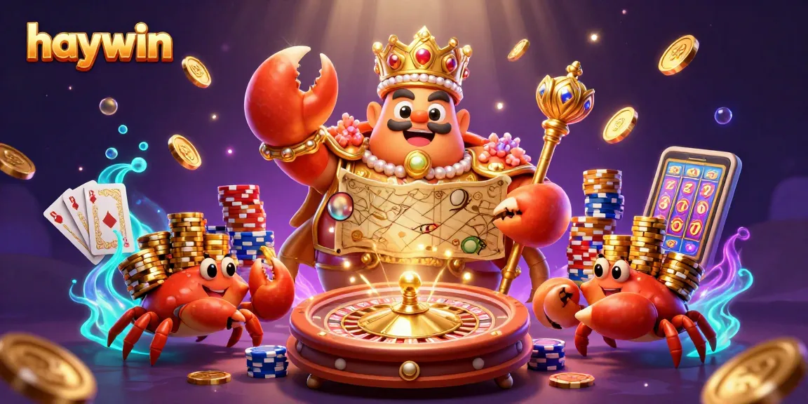 Play exciting casino games at Haywin, featuring a golden crab emperor and dazzling treasures.