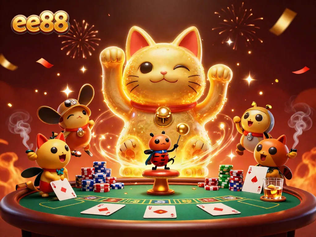 Experience the vibrant world of ee88 with a golden cat symbolizing luck, poker elements, and fireworks.