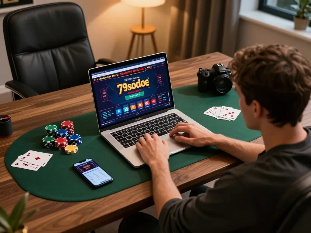 A player engaging in online gambling at 79sodoe from a stylish home setup, focusing on strategy and excitement.