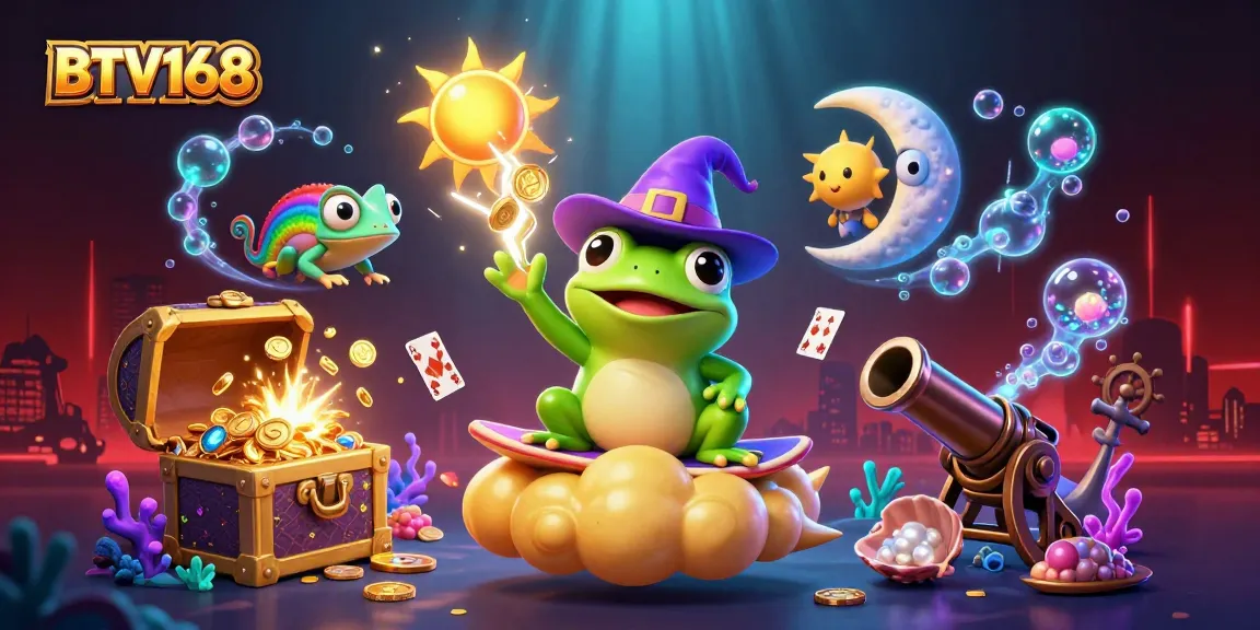 BTV168 captures a vibrant casino scene with characters amidst gold coins and lively gaming elements.