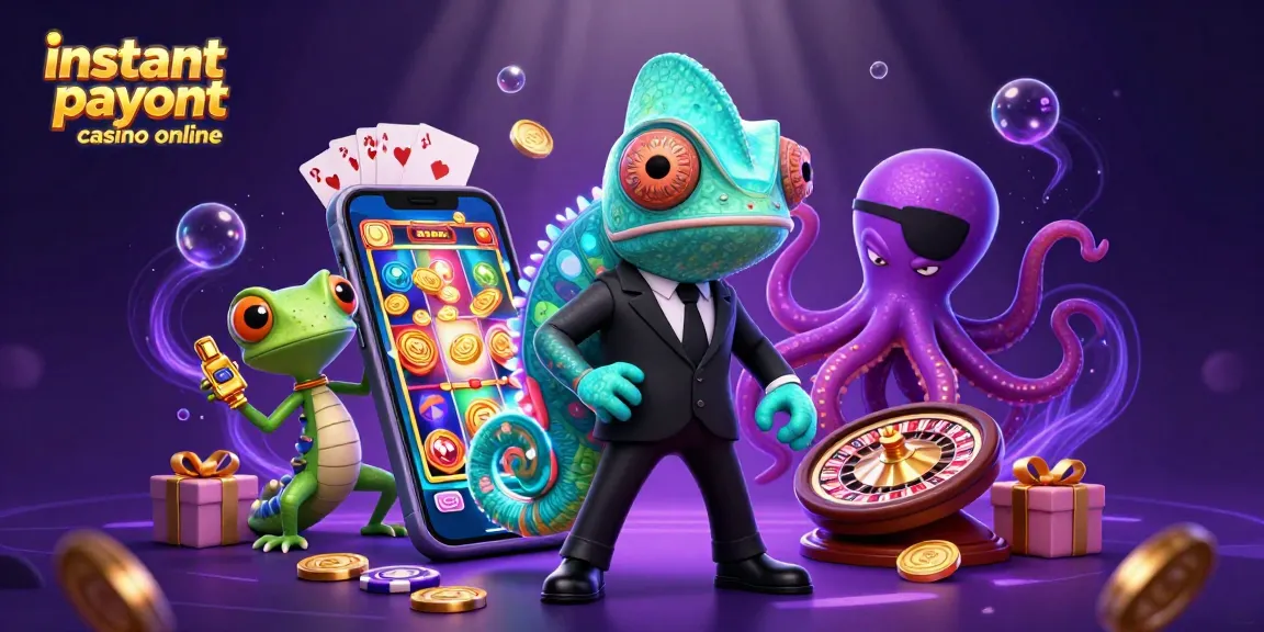 Experience winning at instant payout casino online with cartoon agents, games, and vibrant background.