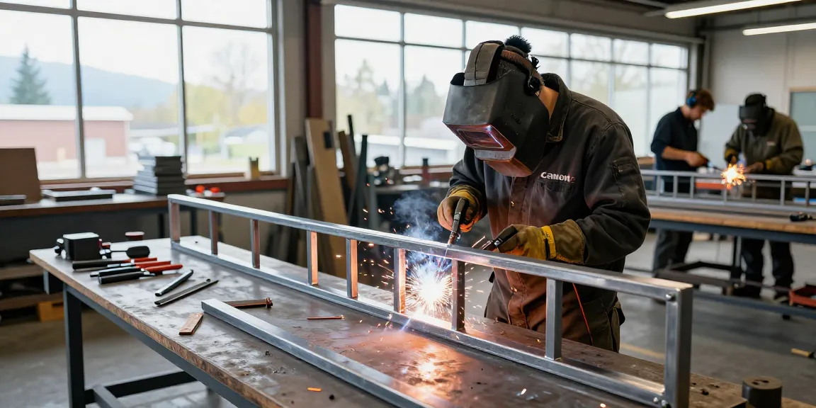 Custom metalwork in Vancouver, showing a skilled metalworker crafting a railing in a modern workshop.