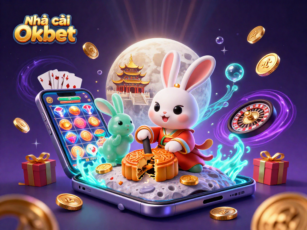 Engaging illustration of Nhà cái Oxbet featuring a moon rabbit, slot games, and vibrant casino elements.