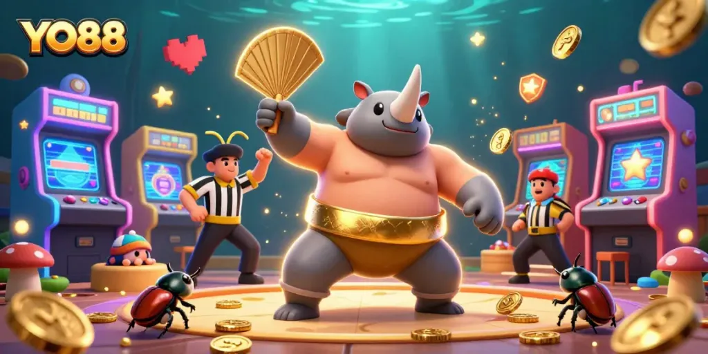 Experience YO88 gaming excitement with a dynamic 3D scene featuring colorful arcade elements and a sumo champion.